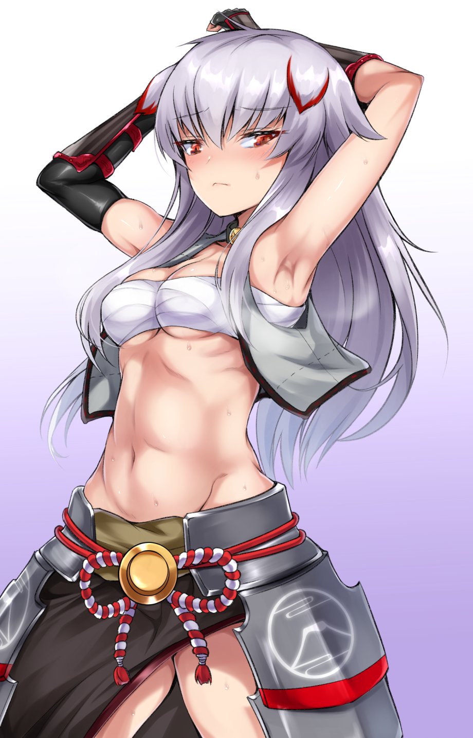 1girl, animal_ears, arm_up, armor, armpits, arms_up, azur_lane, black_gloves, black_skirt, blush, breasts, cleavage, closed_mouth, commentary_request, cowboy_shot, crop_top, elbow_gloves, fingerless_gloves, floppy_ears, gloves, grey_hair, grey_shirt, highres, hyuuga_(azur_lane), hyuuga_(retrofit)_(azur_lane), japanese_armor, kusazuri, long_hair, looking_at_viewer, medium_breasts, navel, red_eyes, rope, sarashi, shimo_(depthbomb), shirt, skirt, sleeveless, sleeveless_shirt, solo, sweat, vambraces