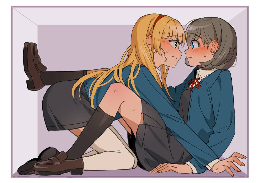 2girls, black_dress, black_socks, blonde_hair, blue_eyes, blue_jacket, blush, brown_footwear, closed_mouth, collared_shirt, commentary, dress, ear_blush, english_commentary, eye_contact, full_body, green_eyes, grey_hair, hairband, heanna_sumire, jacket, kneehighs, loafers, long_hair, long_sleeves, looking_at_another, love_live!, love_live!_superstar!!, multiple_girls, namgic, neck_ribbon, pinafore_dress, red_hairband, red_ribbon, ribbon, school_uniform, shirt, shoes, short_hair, sleeveless_dress, socks, sweatdrop, tang_keke, white_shirt, yuri