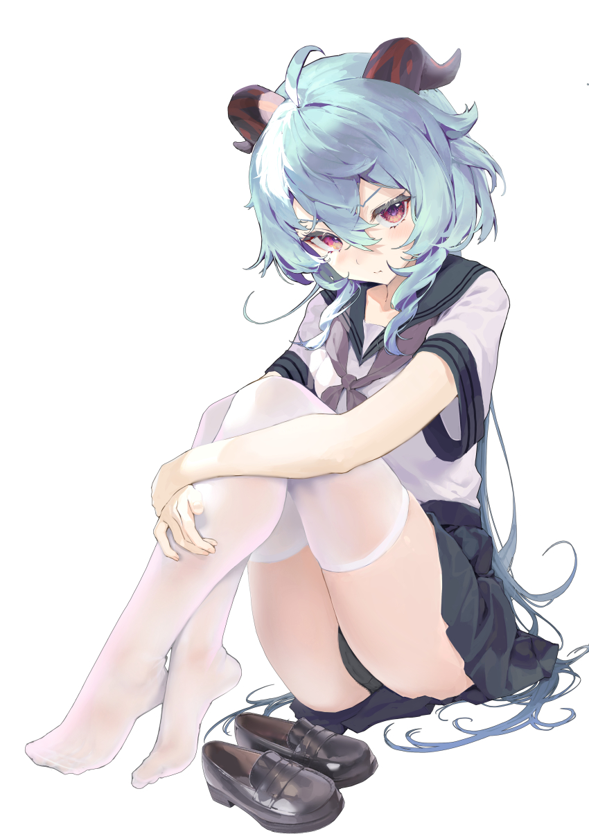 1girl, absurdres, ahoge, alternate_costume, black_panties, black_shoes, blue_hair, blue_sailor_collar