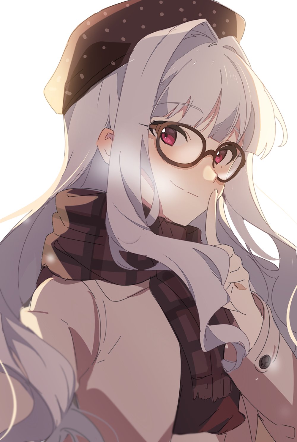 1girl, alternate_costume, ap_bar, beret, bespectacled, black_hat, black_scarf, finger_to_mouth, glasses, hand_up, hat, highres, idolmaster, idolmaster_(classic), jacket, long_hair, long_sleeves, looking_at_viewer, pink_eyes, plaid_clothes, plaid_scarf, scarf, shijou_takane, sidelocks, silver_hair, simple_background, smile, solo, white_background, white_jacket