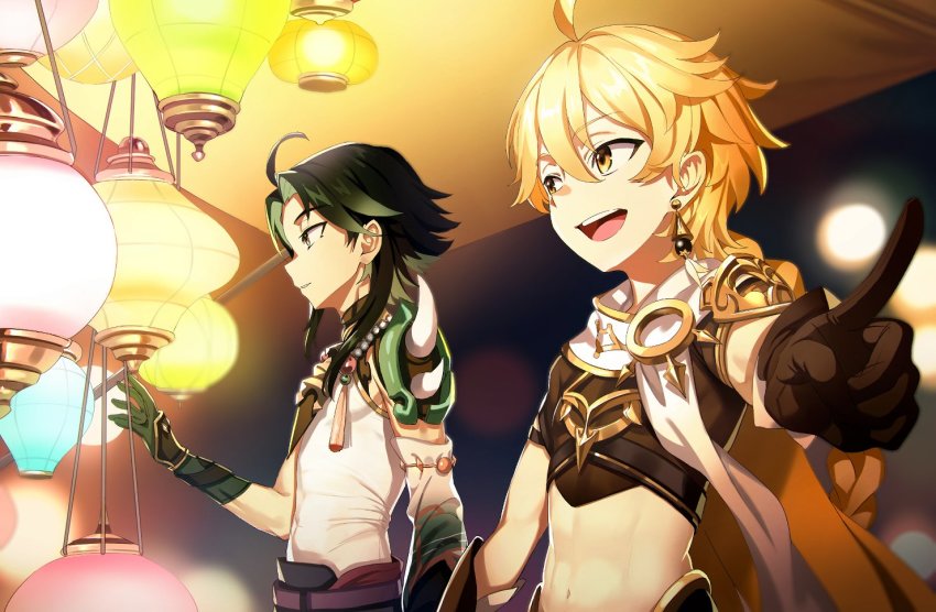 2boys, aether_(genshin_impact), bishounen, blonde_hair, bob_(bab67ii), commentary_request, genshin_impact, gloves