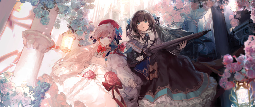 2girls, absurdres, arcaea, black_dress, black_hair, black_ribbon, black_umbrella, blue_eyes