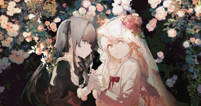 2girls, arcaea, black_dress, black_ribbon, blonde_hair, blue_eyes, bridal_veil, closed_mouth