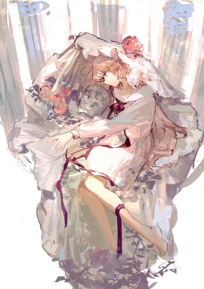 1girl, absurdres, arcaea, bare_legs, barefoot, blanket, commentary, dress