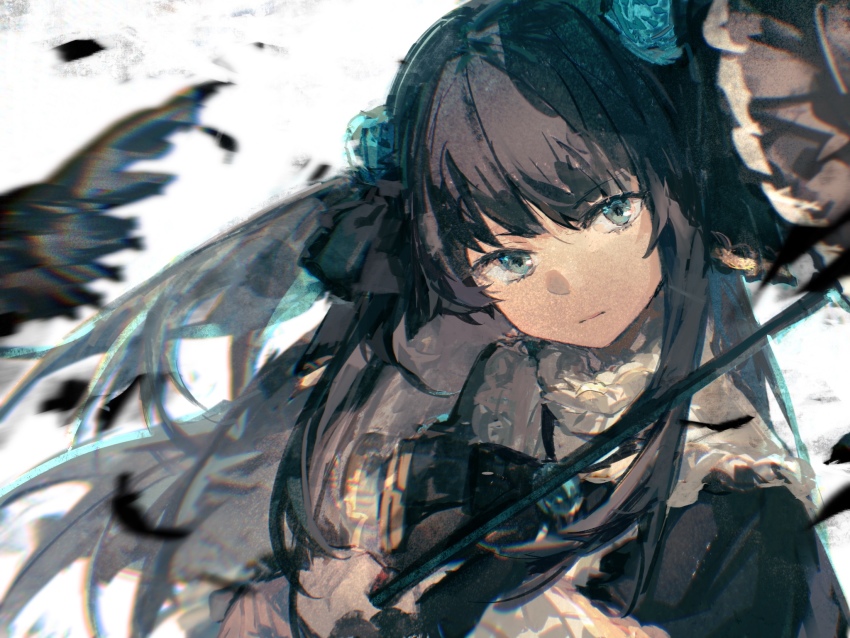 arcaea, bird, black_dress, black_hair, blue_eyes, blue_flower, chromatic_aberration, closed_mouth