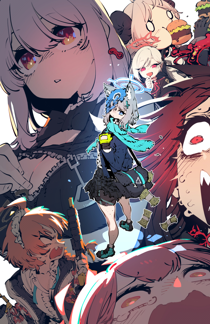 0_0, 6+girls, animal_ears, aru_(blue_archive), balaclava, blue_archive, burger, character_request, chromatic_aberration, crying, crying_with_eyes_open, food, food_in_mouth, halo, highres, holding, holding_food, izumi_(blue_archive), maid_headdress, meme, multiple_girls, mutsuki_(blue_archive), neru_(blue_archive), open_mouth, scarf, shiroko_(blue_archive), skirt, ssambatea, tears, torn_clothes, torn_mask, torn_skirt, tsurugi_(blue_archive), wolf_ears