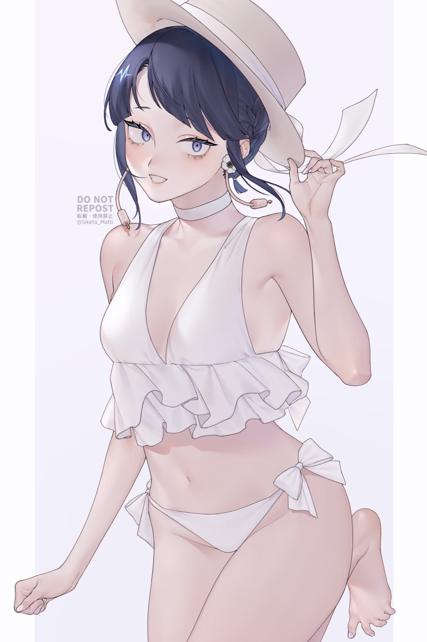 1girl, absurdres, adjusting_clothes, adjusting_headwear, barefoot, bikini, blue_eyes, blue_hair