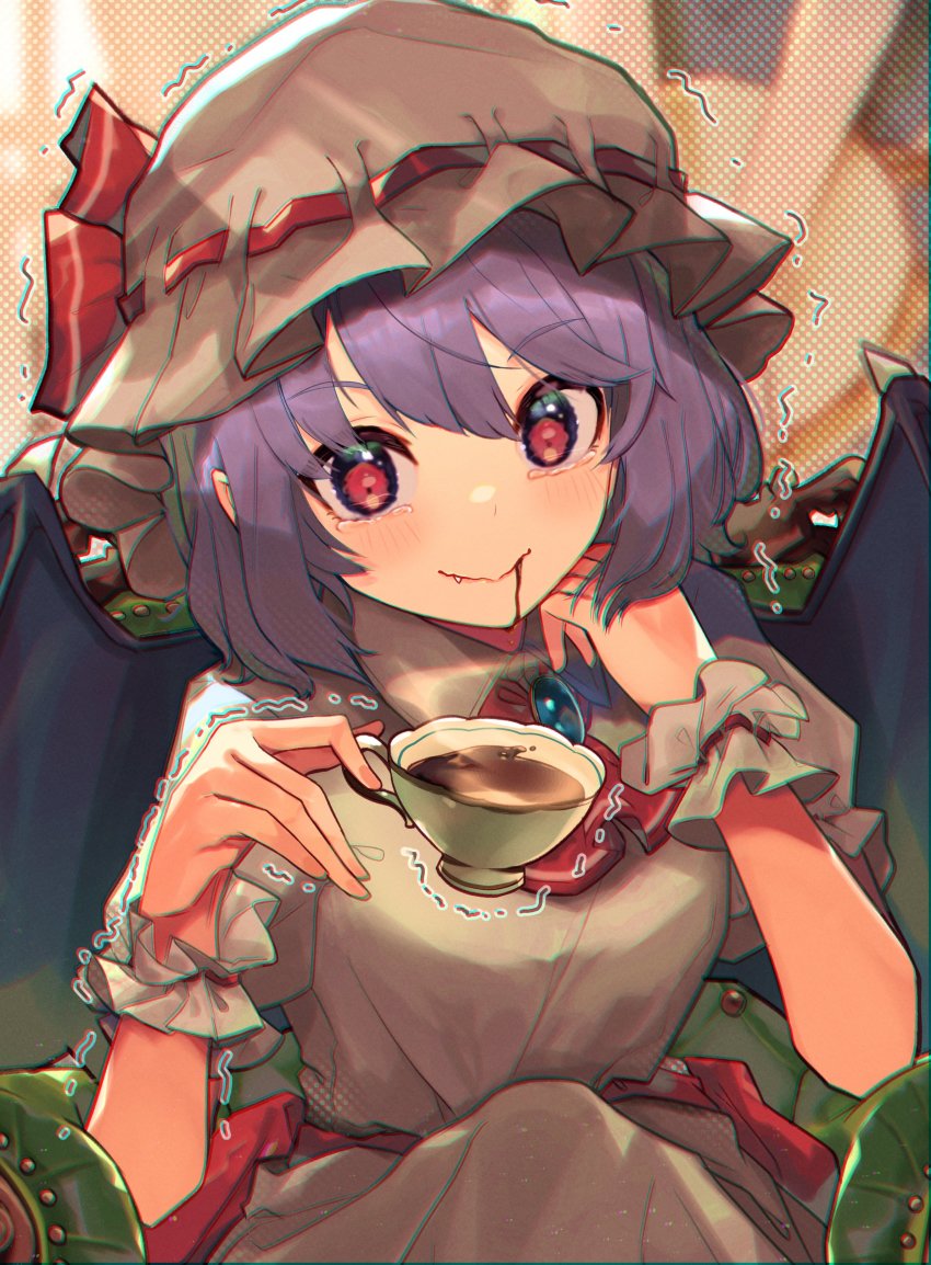 2girls, absurdres, ascot, bat_wings, blurry, blush, brooch, chromatic_aberration