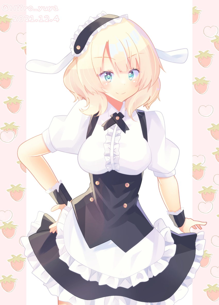 1girl, animal_ears, apron, blonde_hair, blouse, blue_eyes, bolo_tie, braid
