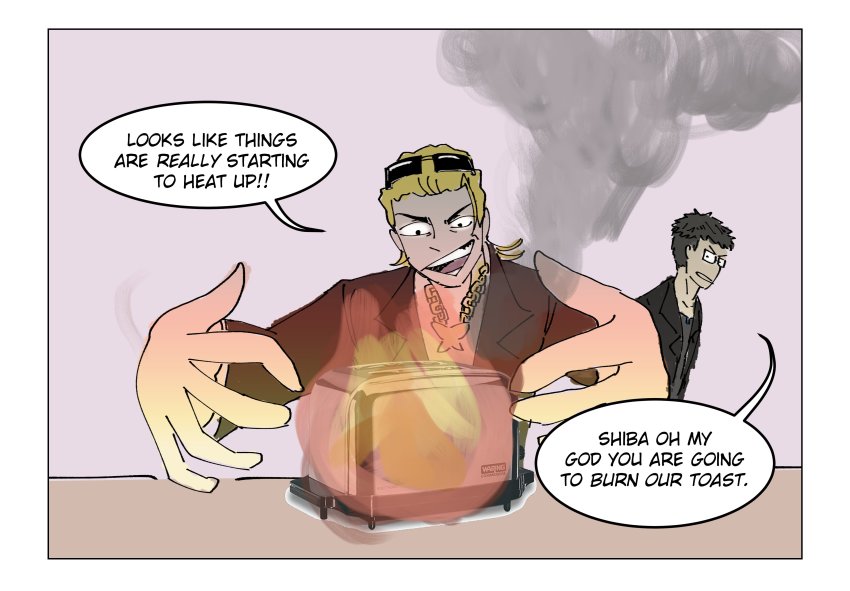 2boys, absurdres, animal_print, black_hair, blonde_hair, butterfly_print, english_text, evil_smile