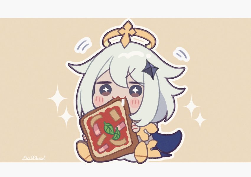 +_+, 1girl, :3, blush, chibi, commentary_request, dress, eating