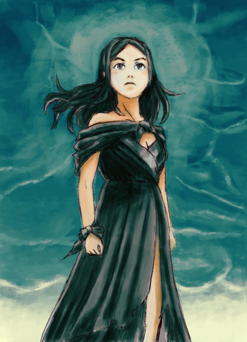 1girl, alternate_costume, bracelet, clenched_hands, david_revoy, derivative_work, facing_to_the_side, highres, jewelry, looking_past_viewer, comic_panel_redraw, official_alternate_costume, parent:6709380, pepper_(pepper_and_carrot), pepper_and_carrot, redrawn, shiromame, storm_cloud, torn_clothes, witch