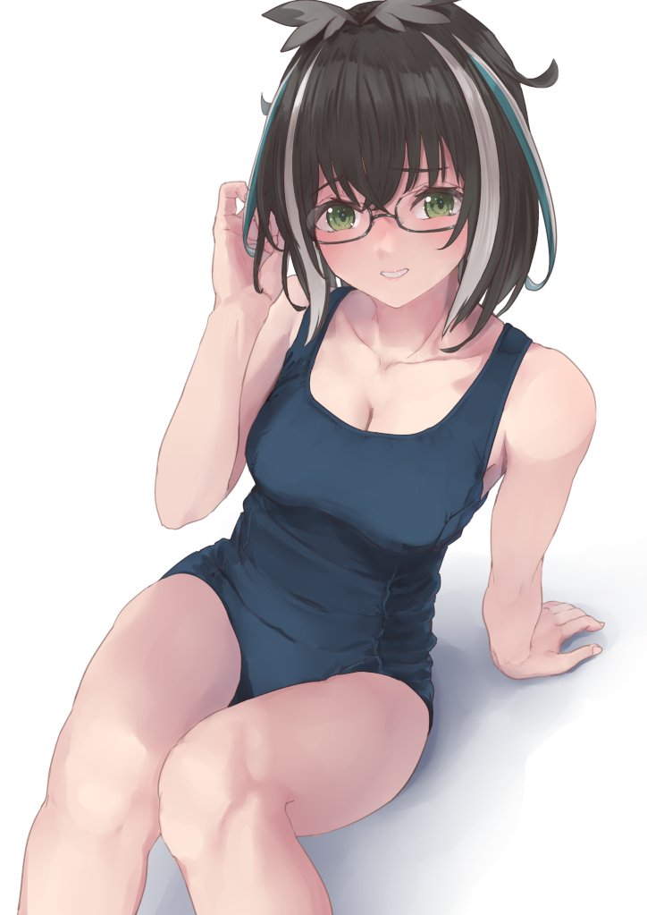1girl, arm_support, atsushima, bare_arms, bare_legs, bare_shoulders, black_hair, blue_one-piece_swimsuit