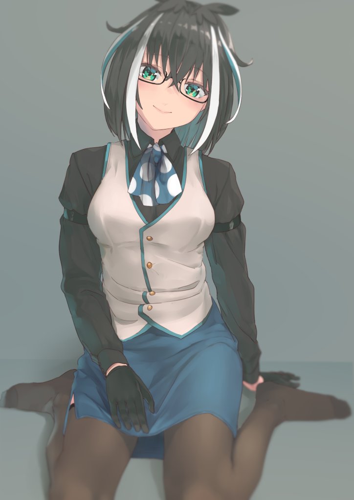 1girl, atsushima, black_gloves, black_hair, black_shirt, blue_neckerchief, blue_skirt, blurry