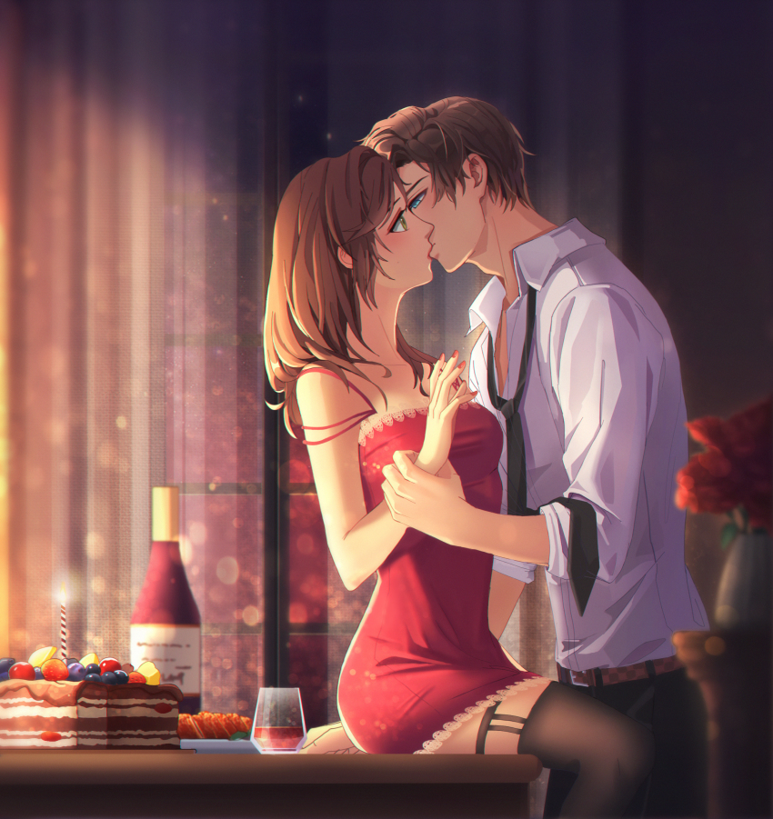 1boy, 1girl, alcohol, artem_wing_(tears_of_themis), belt, belt_buckle, black_necktie, black_pants, blue_eyes, blurry, blurry_foreground, bottle, brown_hair, buckle, cake, cake_slice, cup, curtains, did_shushu_draw_today?_(user_pnjm8342), dress, drinking_glass, flower, food, green_eyes, hetero, highres, kiss, lipstick, long_hair, looking_at_another, makeup, nail_polish, necktie, nightgown, pants, polo_shirt, red_dress, red_flower, red_nails, red_rose, rosa_(tears_of_themis), rose, shirt, short_hair, sitting, sitting_on_table, sleeveless, sleeveless_dress, sleeves_rolled_up, tears_of_themis, vase, white_shirt, window, wine, wine_bottle, wine_glass