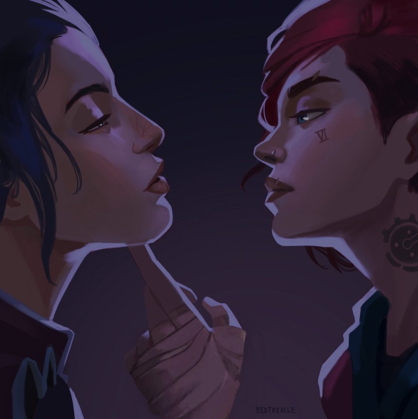 2girls, arcane:_league_of_legends, arcane_caitlyn, arcane_vi, artist_name, asymmetrical_hair, bandaged_hand, bandages, bella_nalin_(redtreaclx), caitlyn_(league_of_legends), character_name, eye_contact, face_piercing, facial_mark, from_side, gradient_background, half-closed_eye, highres, league_of_legends, long_hair, looking_at_another, multiple_girls, nose_piercing, piercing, portrait, profile, red_hair, short_hair, sidecut, tattoo, undercut, vi_(league_of_legends), yuri