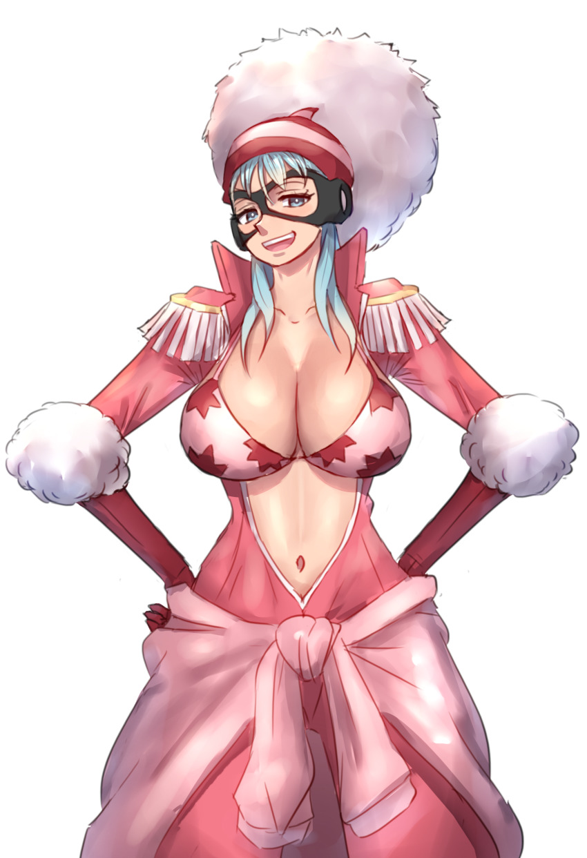 1girl, absurdres, blue_eyes, blue_hair, blush, breasts, cleavage, clothes_around_waist, epaulettes, facing_viewer, fur_trim, gloves, hand_on_own_hip, hat, head_tilt, highres, jumpsuit, large_breasts, long_hair, mask, navel, one_piece, open_jumpsuit, open_mouth, pointy_nose, porche_(one_piece), quanero, simple_background, sketch, smile, solo