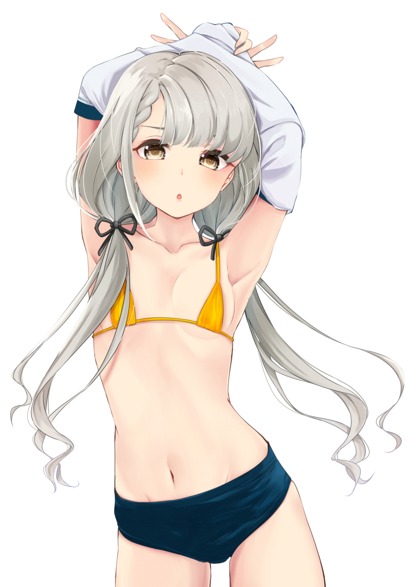 1girl, :o, absurdres, arms_up, bikini, bikini_top_only, black_ribbon, blue_buruma