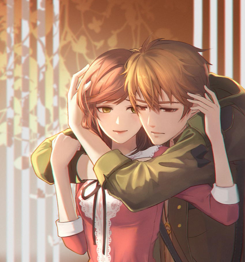1boy, 1girl, brown_eyes, brown_hair, closed_mouth, did_shushu_draw_today?_(user_pnjm8342), green_eyes, green_jacket