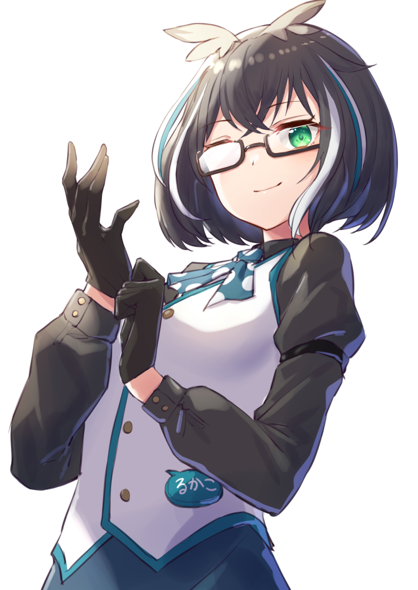 1girl, adjusting_clothes, adjusting_gloves, black-framed_eyewear, black_gloves, black_hair, black_shirt, blue_hair, blue_neckerchief, closed_mouth, collared_shirt, glasses, gloves, green_eyes, highres, long_sleeves, looking_at_viewer, multicolored_hair, nanashi_inc., neckerchief, nishino_eri, oura_rukako, oura_rukako_(1st_costume), polka_dot_neckerchief, semi-rimless_eyewear, shirt, short_hair, simple_background, sleeve_garter, smile, solo, streaked_hair, vest, virtual_youtuber, white_background, white_hair, white_vest