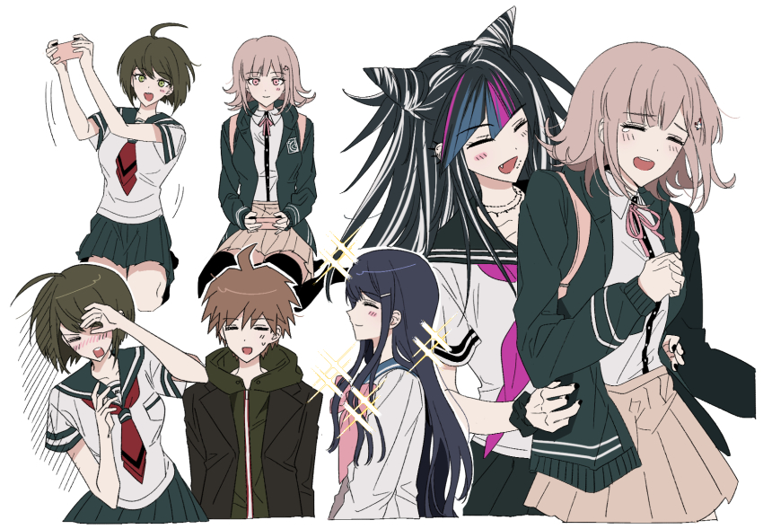 1boy, 4girls, :d, black_hair, black_jacket, black_nails, black_sailor_collar, blue_hair, blush, bow, bowtie, brown_hair, danganronpa:_trigger_happy_havoc, danganronpa_(series), danganronpa_2:_goodbye_despair, danganronpa_another_episode:_ultra_despair_girls, dress_shirt, fang, hair_horns, highres, hood, hood_down, jacket, laughing, long_hair, maizono_sayaka, mioda_ibuki, multicolored_hair, multiple_girls, naegi_komaru, naegi_makoto, nail_polish, nanami_chiaki, neck_ribbon, necktie, open_clothes, open_jacket, open_mouth, pink_bow, pink_bowtie, pink_hair, pink_ribbon, playing_games, playing_video_games, pleated_skirt, red_necktie, ribbon, sailor_collar, school_uniform, scrunchie, seiza, serafuku, shirt, sitting, skirt, smile, sparkle, sweatdrop, tearing_up, tickling, tickling_sides, vo1ez, white_hair, white_shirt, wrist_scrunchie