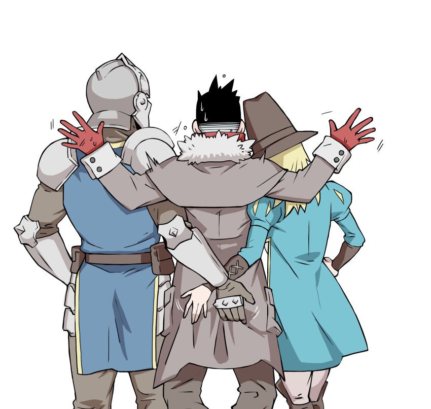 1girl, 2boys, absurdres, armor, ass_grab, bisexual_male, blonde_hair, capotain, coat, crusader_(darkest_dungeon), darkest_dungeon, faulds, fur_trim, gloves, graverobber_(darkest_dungeon), hat, helm, helmet, highres, highwayman_(darkest_dungeon), knight, long_hair, molestation, motion_lines, multiple_boys, overcoat, pauldrons, plate_armor, red_gloves, short_hair, shoulder_armor, sweat, tabard, vambraces, varamill