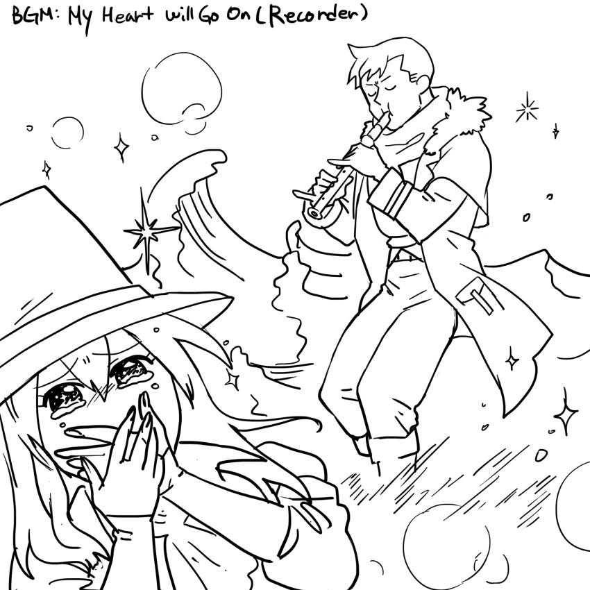 1boy, 1girl, bandana, boots, capotain, coat, darkest_dungeon, flute