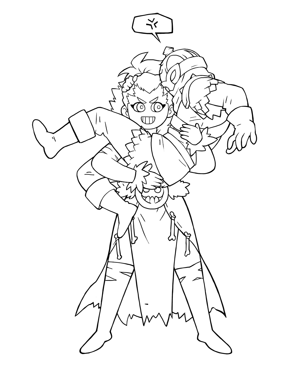 1boy, 1girl, armor, bone, boots, bounty_hunter_(darkest_dungeon), carrying, carrying_person, darkest_dungeon, greyscale, hellion_(darkest_dungeon), highres, monochrome, reverse_princess_carry, scale_armor, thick_eyebrows, varamill, veil