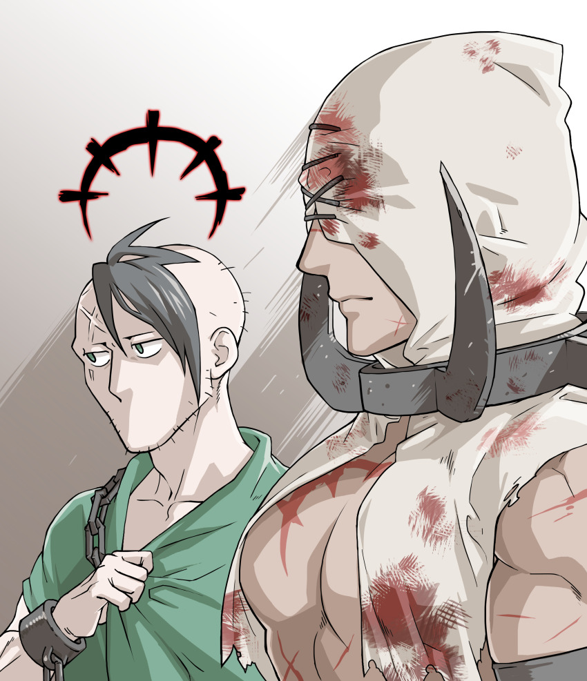 2boys, abomination_(darkest_dungeon), absurdres, affliction_(darkest_dungeon), black_hair, chain, collar, cuffs