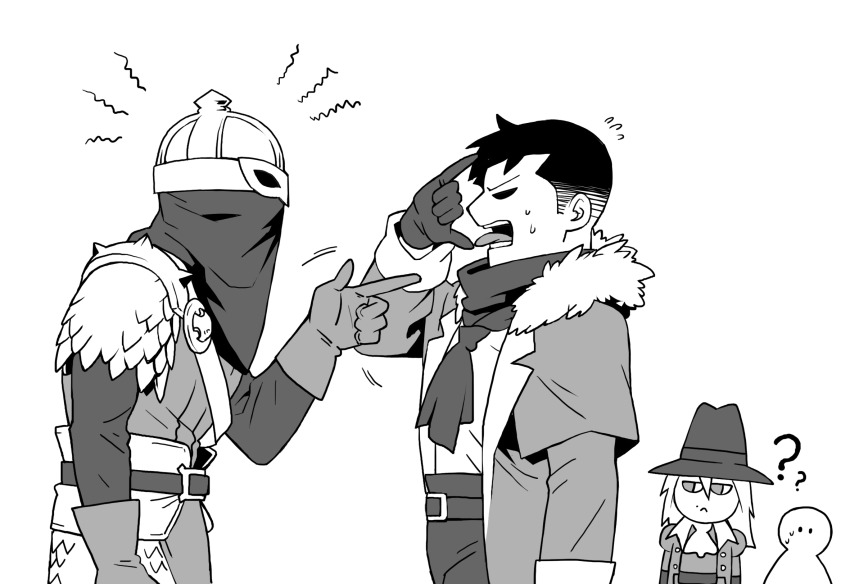 1girl, 2boys, \m/, armor, ascot, bandana, bounty_hunter_(darkest_dungeon), capotain