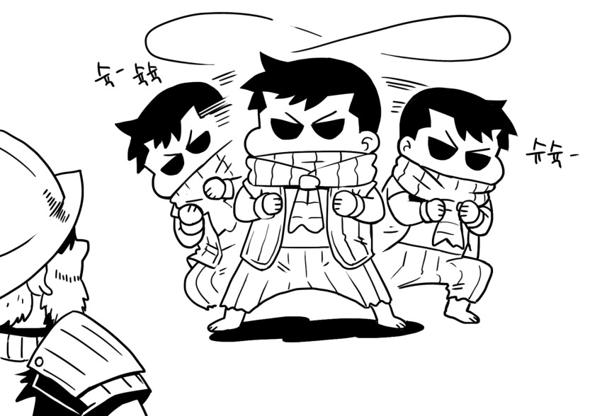 2boys, afterimage, armor, ascot, bandana, barefoot, boxing, clenched_hands