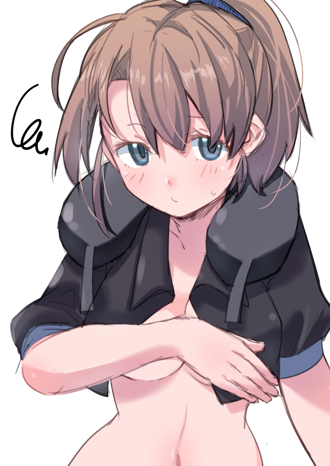 1girl, black_shirt, blue_eyes, breasts, brown_hair, covering_privates, covering_breasts, intrepid_(kancolle)