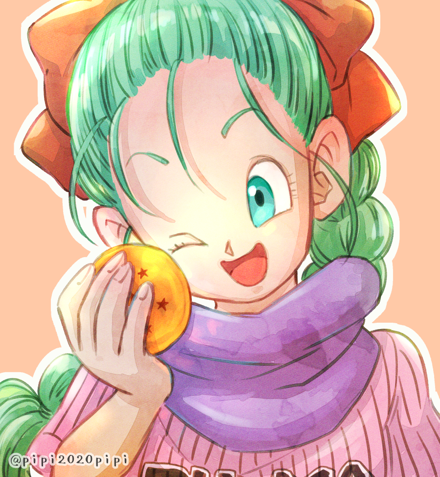 1girl, ;d, bad_id, bad_pixiv_id, braid, bulma, dragon_ball, dragon_ball_(classic)
