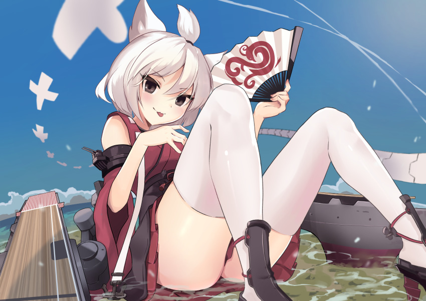 1girl, absurdres, azur_lane, brown_eyes, cloud, fisheye, flight_deck, folding_fan, hand_fan, highres, hull_shoes, japanese_clothes, kimono, looking_at_viewer, miniskirt, ocean, on_ground, pleated_skirt, red_kimono, red_skirt, red_sleeves, ribbon, shikigami, shin_guards, short_hair, shouhou_(azur_lane), skirt, sky, sleeveless, sleeveless_kimono, thighhighs, tongue, tongue_out, topknot, user_symu3353, white_hair, white_ribbon, white_thighhighs, wide_sleeves