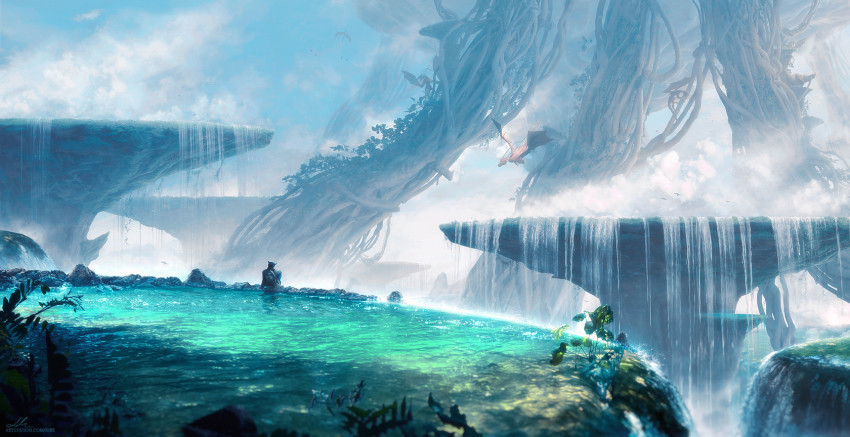 1boy, aerial_root, backpack, bag, bird, blurry, cloud, commentary, day, depth_of_field, dragon, english_commentary, erikshoemaker, fake_horns, fantasy, fog, helmet, highres, horned_helmet, horns, lake, landscape, made_in_abyss, monster, nature, plant, plant_roots, reg_(made_in_abyss), scenery, signature, sky, solo, standing, water, waterfall, watermark, web_address, wide_shot