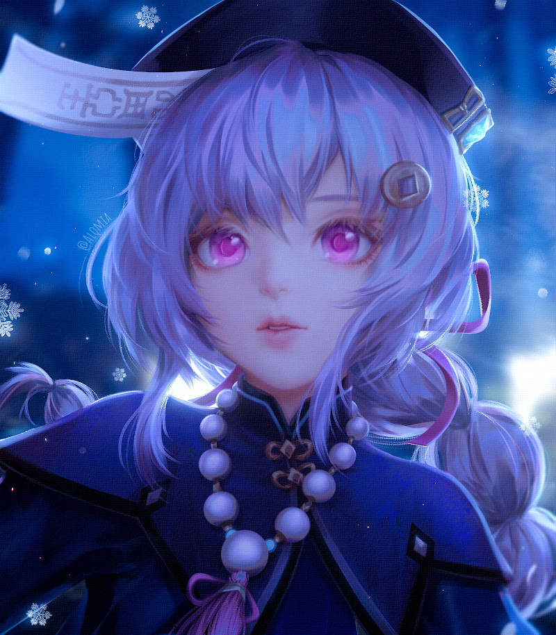 1girl, alqmia, artist_name, bead_necklace, beads, blue_background, blue_theme, capelet