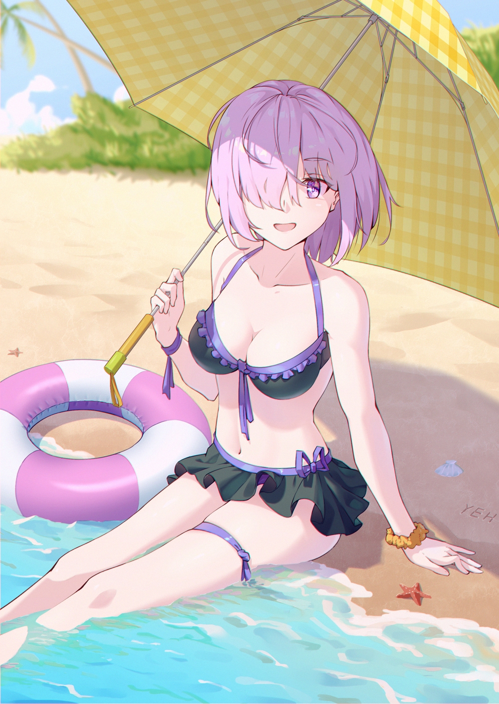1girl, alternate_costume, artist_name, beach, bikini, bikini_skirt, black_bikini, black_skirt