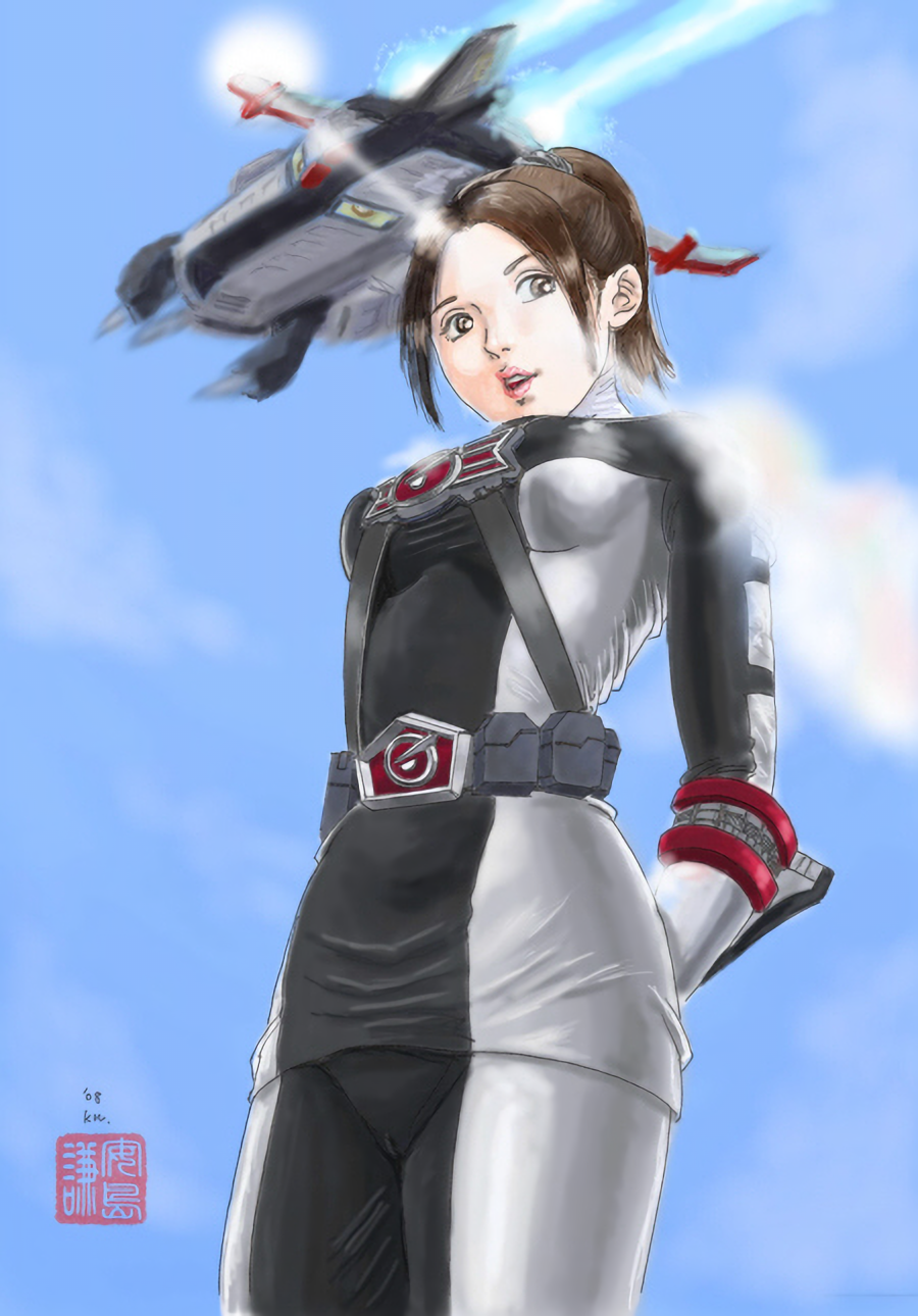 1girl, brown_eyes, brown_hair, engine_jetras, engine_sentai_go-onger, highres, kn, super_sentai, sutou_miu