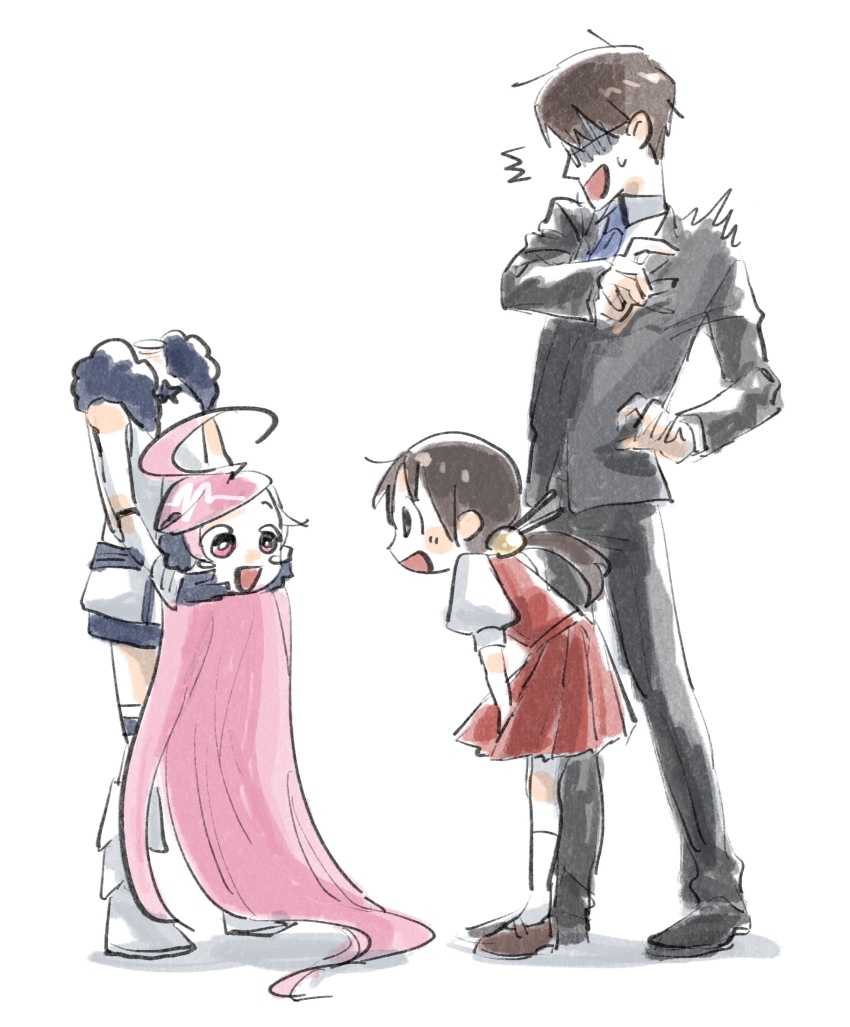 1boy, 2girls, ahoge, android, black_eyes, black_suit, blue_gloves, blue_necktie, brown_hair, dress, flinch, formal_clothes, full_body, fur-trimmed_dress, fur_trim, glasses, gloves, head_removed, highres, hiyama_kiyoteru, holding_detached_head, kaai_yuki, leaning_forward, long_hair, multiple_girls, nata_shelf, necktie, open_mouth, pink_eyes, pink_hair, red_dress, sf-a2_miki, shaded_face, short_twintails, sleeveless, sleeveless_dress, smile, standing, suit, surprised, twintails, very_long_hair, vocaloid, white_background, white_dress