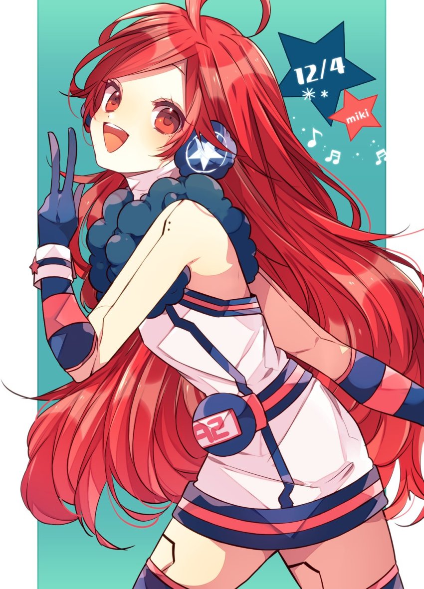 1girl, ahoge, android, aqua_background, bare_shoulders, beamed_eighth_notes, blue_gloves, blue_thighhighs