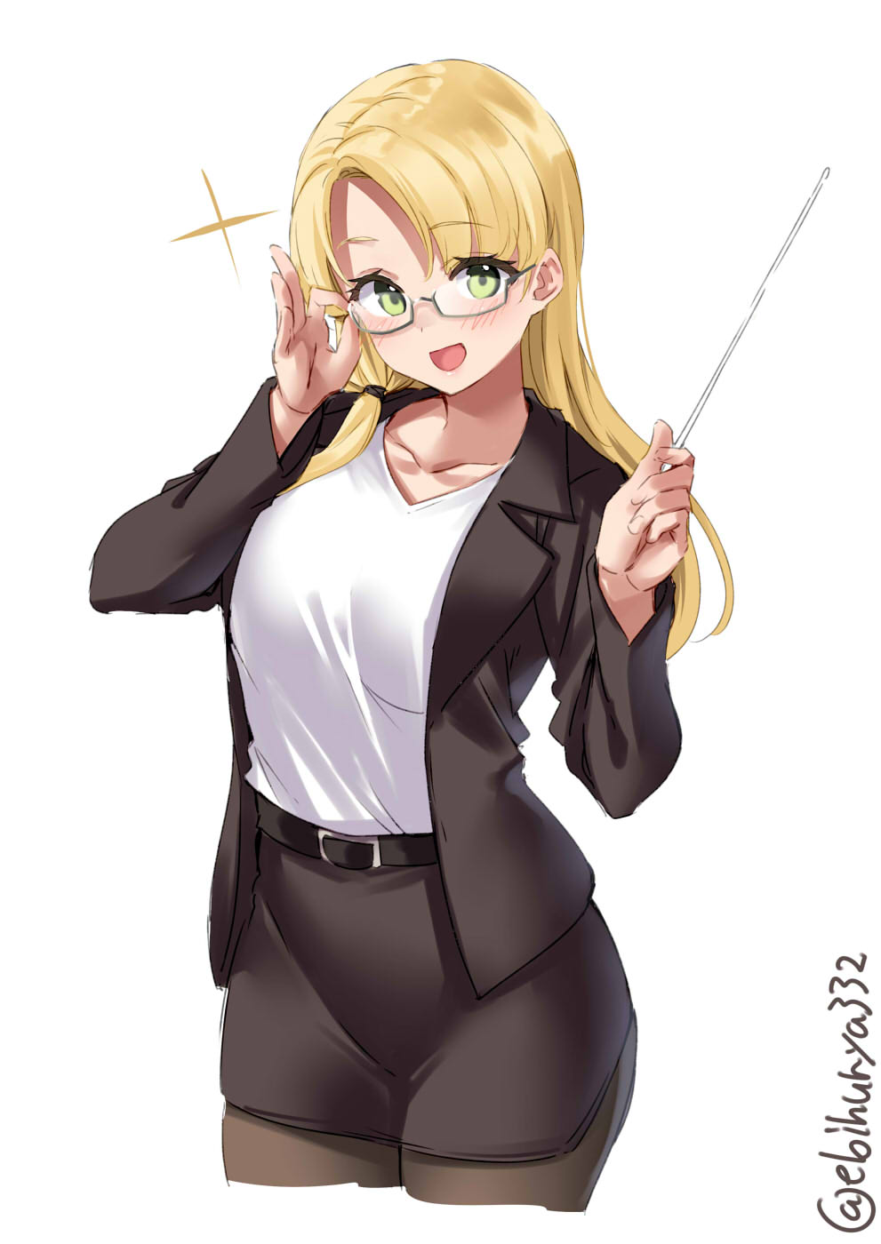 1girl, belt, belt_buckle, black_belt, black_pantyhose, black_skirt, blonde_hair, blush