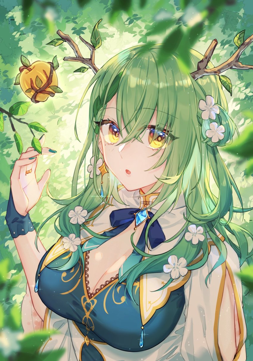 1girl, antlers, apple, blue_nails, braid, braided_bangs, branch, breasts, bridal_gauntlets, ceres_fauna, dress, eyes_visible_through_hair, flower, food, fruit, green_hair, hair_between_eyes, hair_flower, hair_ornament, hand_up, highres, holocouncil, hololive, hololive_english, horns, large_breasts, leaf, long_hair, looking_at_viewer, mole, mole_under_eye, nail_polish, nature, one_side_up, panties, single_braid, solo, tsukonin_p, underwear, upper_body, virtual_youtuber, white_dress, white_flower, yellow_eyes