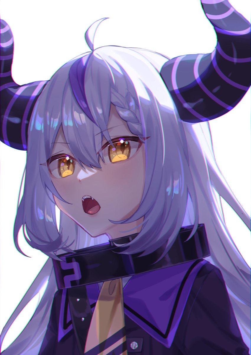 1girl, absurdres, ahoge, ascot, braid, collar, commentary, demon_horns