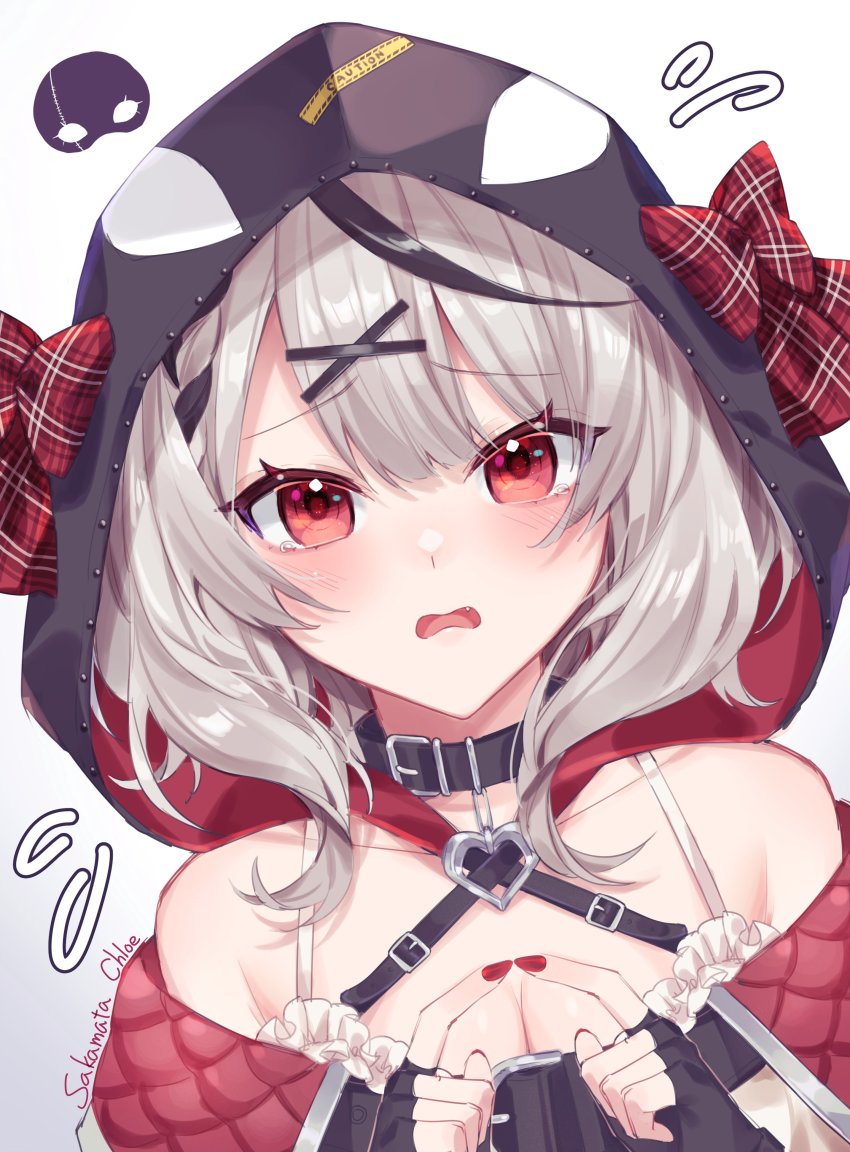 1girl, absurdres, bare_shoulders, black_collar, black_gloves, black_hair, blush, bow, character_name, collar, commentary, fang, fingerless_gloves, flying_sweatdrops, gloves, hair_ornament, highres, hololive, holox, hood, hood_up, index_fingers_together, looking_at_viewer, multicolored_hair, nail_polish, off_shoulder, open_mouth, plaid_bow, red_bow, red_eyes, red_nails, sakamata_chloe, sakamata_chloe_(1st_costume), short_hair, silver_hair, simple_background, solo, streaked_hair, untranslatable_commentary, tearing_up, tsukonin_p, upper_body, virtual_youtuber, x_hair_ornament