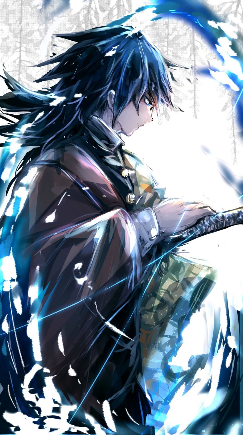 1boy, black_hair, forest, from_side, haori, highres, holding, holding_sword, holding_weapon, japanese_clothes, katana, kimetsu_no_yaiba, minasenatuya, nature, snow, solo, sword, tomioka_giyuu, weapon