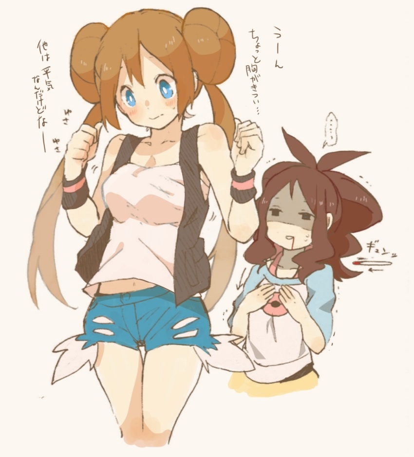 2girls, aoya_(ayoyame18), blouse, blue_eyes, blush, breasts, brown_hair, closed_mouth, cosplay, costume_switch, cropped_legs, denim, denim_shorts, donut_hair_bun, hair_bun, hilda_(pokemon), long_hair, multiple_girls, nintendo, pantyhose, pokemon, pokemon_black_and_white, pokemon_black_2_and_white_2, print_shirt, rosa_(pokemon), shaded_face, shirt, short_shorts, shorts, simple_background, sleeveless, sleeveless_shirt, speech_bubble, very_long_hair, vest, white_shirt, wristband
