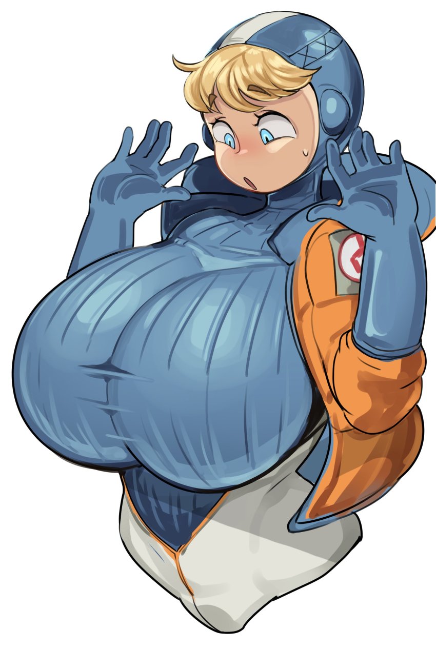 1girl, absurdres, alternate_breast_size_(larger), apex_legends, blue_bodysuit, blue_eyes, blue_gloves, blue_headwear, blush, bodysuit, breasts, chamchami, gloves, highres, hood, hooded_bodysuit, hooded_jacket, huge_breasts, jacket, looking_down, open_hands, open_mouth, orange_jacket, ribbed_bodysuit, simple_background, solo, surprised, sweatdrop, wattson_(apex_legends), white_background, white_bodysuit