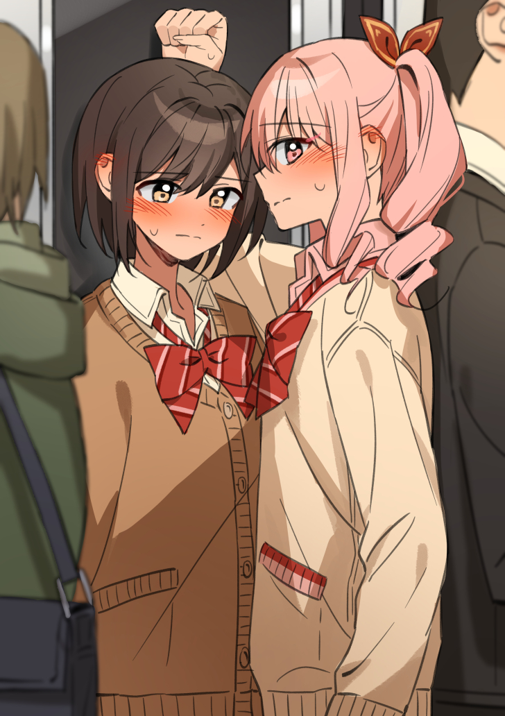 2boys, 2girls, akiyama_mizuki, beige_cardigan, blush, blush_visible_through_hair, bow, bowtie