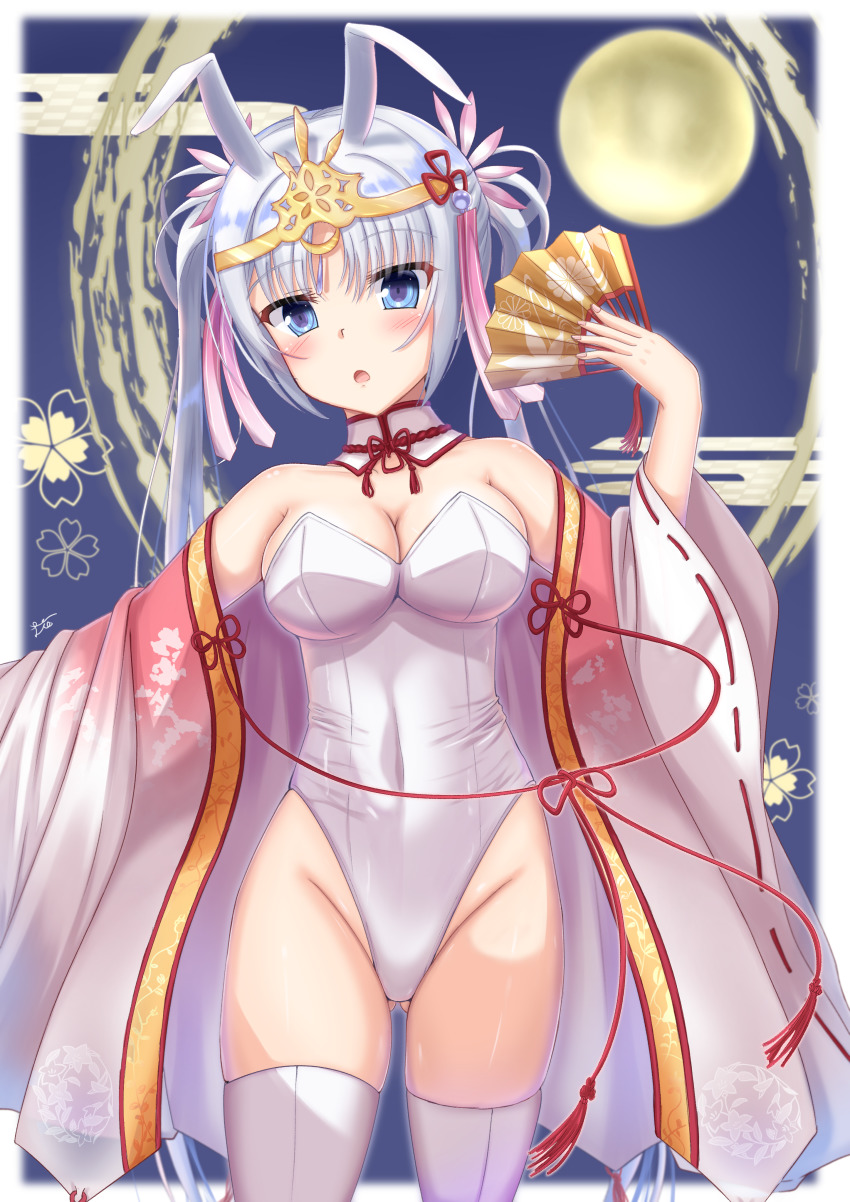 1girl, absurdres, animal_ears, arm_up, bare_shoulders, blue_eyes, blush, breasts, cleavage, covered_navel, crown, detached_collar, fake_animal_ears, folding_fan, gluteal_fold, hair_ornament, hand_fan, headpiece, highres, japanese_clothes, kimono, large_breasts, lio_(maguri), looking_at_viewer, miko, moon, night, open_mouth, pink_kimono, playboy_bunny, rabbit_ears, ribbon_trim, saishi, senren_banka, standing, tassel, thighhighs, thighs, tiara, tomotake_yoshino, twintails, white_hair, white_thighhighs, yuzusoft