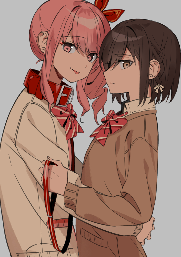 2girls, akiyama_mizuki, bdsm, bow, bowtie, braid, brown_cardigan, brown_eyes, brown_hair, cardigan, closed_mouth, collar, commentary, femdom, from_side, grey_background, hair_between_eyes, holding, holding_leash, hug, kamiyama_high_school_uniform_(project_sekai), leash, long_hair, long_sleeves, looking_at_viewer, multiple_girls, namgic, pink_eyes, pink_hair, profile, project_sekai, red_bow, red_bowtie, red_collar, school_uniform, shinonome_ena, short_hair, side_braid, side_ponytail, simple_background, slave, striped_bow, striped_bowtie, striped_clothes, tongue, tongue_out, upper_body, white_bow